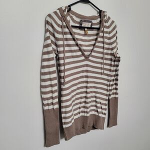 American Eagle Sweater Womens Medium Brown Ivory Striped Hooded Long Sleeve Y2K